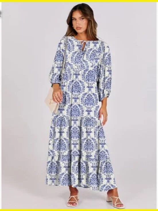 Boho Maxi Dress Flowy Swing V Neck Puff Sleeve Floral Casual Elegant - Picture 6 of 7